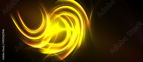 Bright yellow swirls dominate dark background. Dynamic energy radiates from central point, creating abstract visual impact.