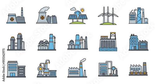 Collection of industrial factory and power plant icons.
