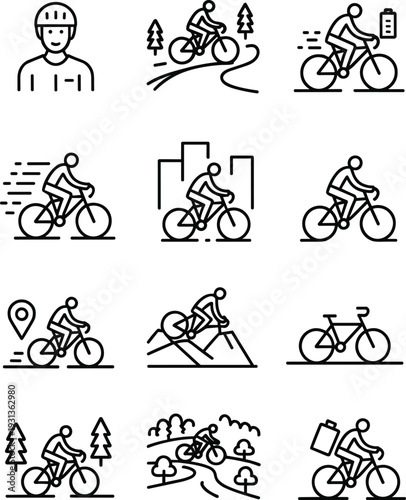 Black and white line of people riding bicycles in various settings and activities biking cycling bike
