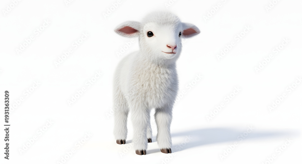 Fototapeta premium Adorable fluffy white lamb standing gracefully.