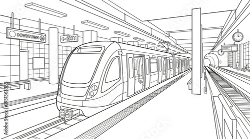Subway Station and Commuter Train Coloring Page with Detailed Underground Platform Railway Tracks and Modern Metro Line Art for Kids and Adults