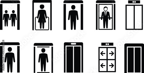 Set of black and white depicting people using elevators and elevator control buttons