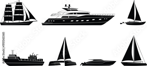 Boat and yacht silhouette set sailboat cruise ship cargo vessel motorboat vector illustration isolated on white background