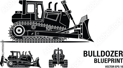 Bulldozer blueprint vector illustration with detailed construction machinery side and front views isolated on white background heavy equipment engineering design