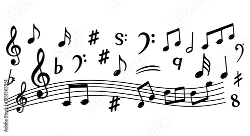 hand-drawn musical notes clefs and symbols arranged on a staff perfect for music education and creative designs