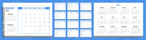 2027 Calendar template with blue and white design. Calendar planner in modern corporate style with monthly grid, annual overview and mini calendars, simple desk calendar layout.
