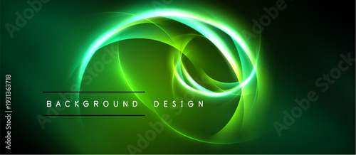 Abstract green design features glowing swirls, curves. Dark background enhances vibrant luminosity, modern aesthetic. Text reads background design.
