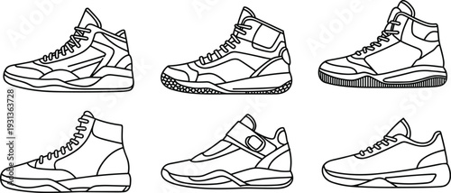 Six black and white sneakers with different and laces in a row shoes athletic sports