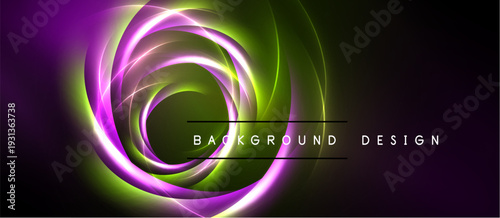 Abstract swirls, vibrant purple, green hues dominate dark background. Modern design element, dynamic composition, glowing effect present.