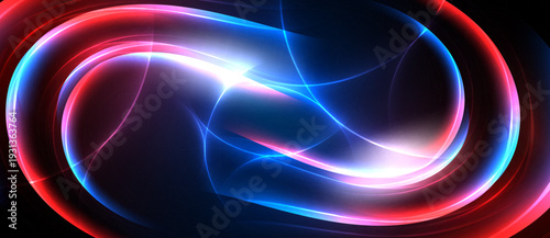 Bright abstract design features swirling blue, red, purple light. Energy flows create infinity symbol effect. Vivid colors dominate dark background.