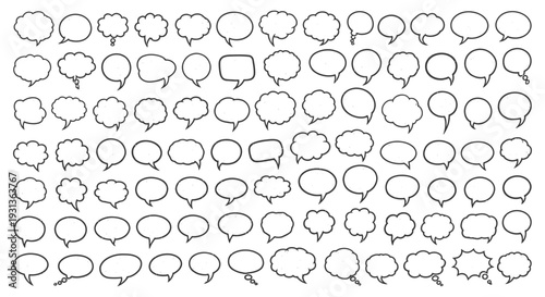 hand-drawn speech bubbles and thought clouds set perfect for illustrating communication dialogue and expression in graphic design.