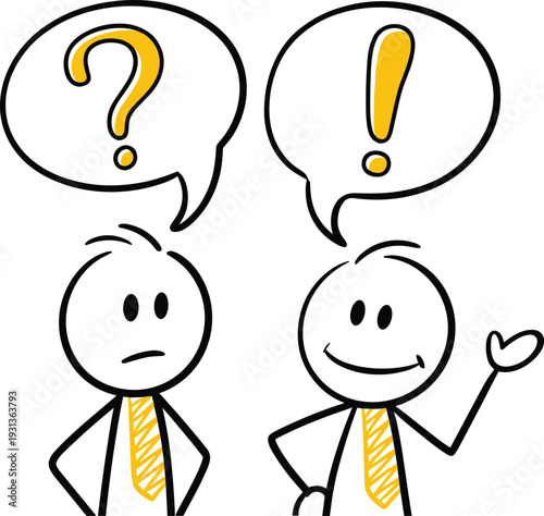 Two cartoon men with question mark and exclamation mark thought bubbles wearing yellow ties