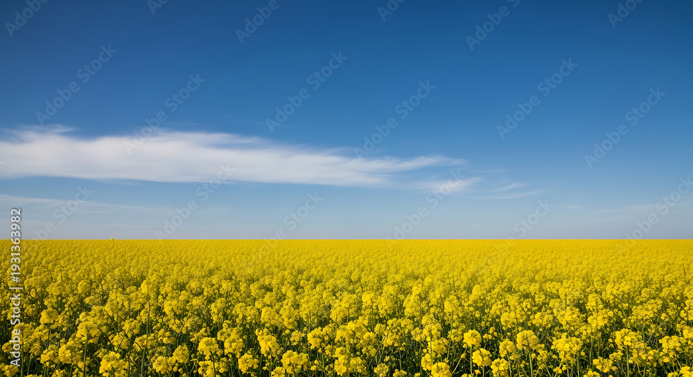 Fototapeta premium Spring Meadow Wildflowers with Yellow Flowers and Blue Sky Color Contrast