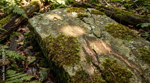 Ancient Stone Slab Covered In Green Moss And Lichen On Forest Floor With Dappled Sunlight
