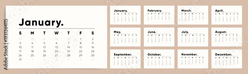 2027 Calendar template with modern typographic design. Calendar features months written with period punctuation, simple minimal layout on beige background and clean schedule planner style.
