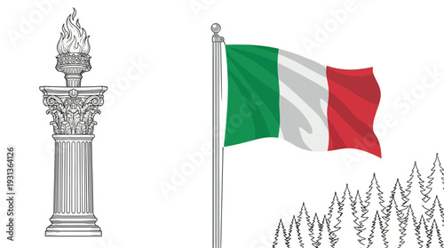 Italian Heritage and Patriotism Set with Classical Corinthian Column Flaming Torch and Waving Italy National Flag Vector for Cultural and Historical Design