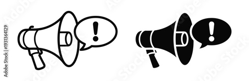 Megaphone Icon Vector with Exclamation Speech Bubble for Promotion Alert, Urgent Announcement, and Public Notification Speaker Symbol Set