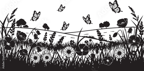 Black and white illustration of butterflies in a flower field
