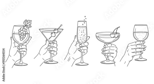 hands holding various alcoholic drinks in diverse glass types a stylish line art vector illustration for party invitations.