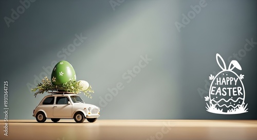 Easter celebration scene with car and bunny decoration