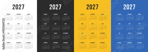 2027 Calendar set in modern color blocks. Calendar design includes full year layouts in four color versions: white, black, yellow, and blue with minimalist grid style.
