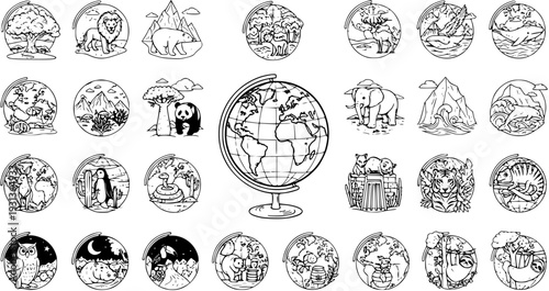 Globe with Diverse Animal and Nature Illustrations, Representing World Biomes and Wildlife. Black and White Line Art Vector Collection for Environmental Themes and Education.