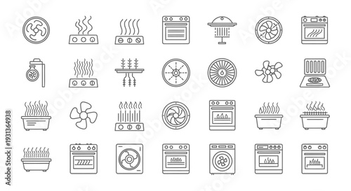 heating and ventilation line icons depicting ovens stoves and fans for modern home appliances.