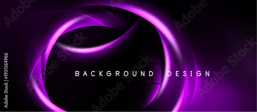 Dark background features vibrant purple glowing curves. Text reads background design centered within shape. Modern, abstract visual.