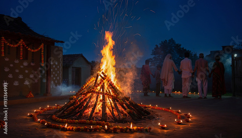 Traditional Hindu priest performing ritual with Panchanga almanac during Ugadi celebration with firefly ambiance