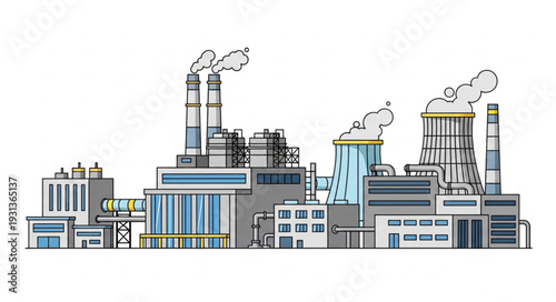 Industrial Factory Complex with Smokestacks.