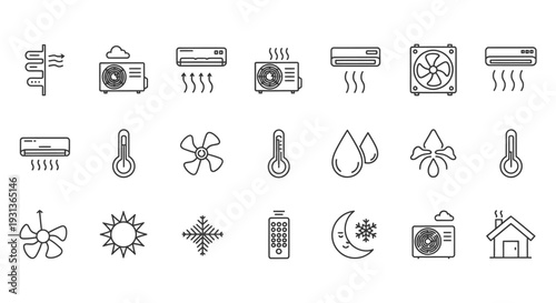 hvac icons and air conditioning symbols set depicting various heating ventilation and cooling solutions in line art style.
