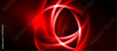 Bright red swirls, dynamic energy, glowing lines create abstract pattern. Dark background emphasizes vibrant illumination.