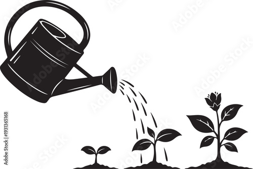 Watering can pouring water on small plants growing slowly