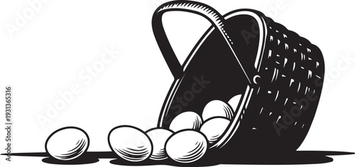 Black and white illustration of eggs spilling from basket