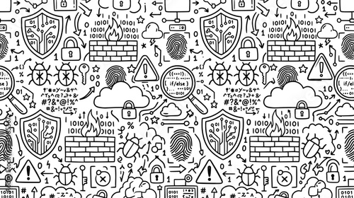 Hand drawn cybersecurity doodle pattern featuring firewall shields cloud storage and data encryption icons