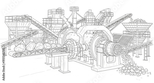 Industrial Factory Complex Line Drawing.