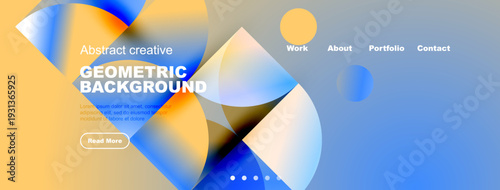 Modern website header design. Abstract shapes, vibrant colors, clean typography. Navigation menu present, inviting read more button visible.