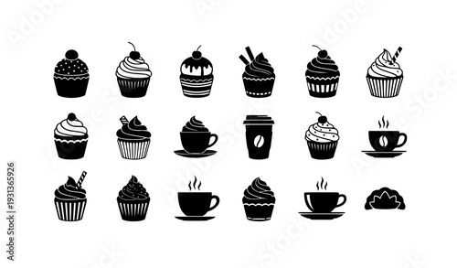 Cupcakes and Coffee Silhouette Vector Set for Tasty Bakery and Cafe Menu Design
