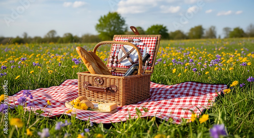 Spring Meadow Wildflowers with Picnic Basket and Blanket Inviting Scene