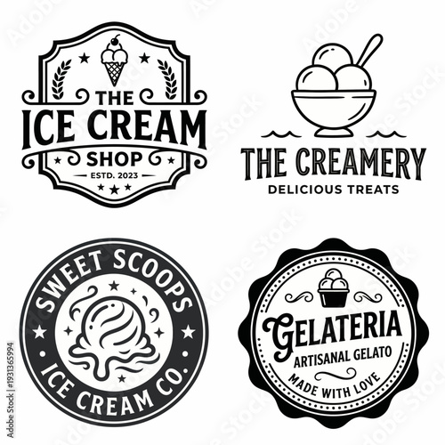 Vintage Ice Cream Shop Logo and Emblem Set with Retro Typography Scoops and Gelato Bowl Vector Badges for Dessert Parlor and Creamery Branding