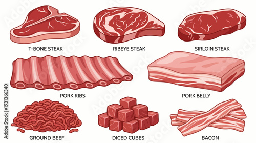 Raw Meat Cuts Asset Sheet with Beef Steaks Pork Ribs Bacon and Ground Beef Butchery Guide Flat Vector Illustration Set Isolated on White