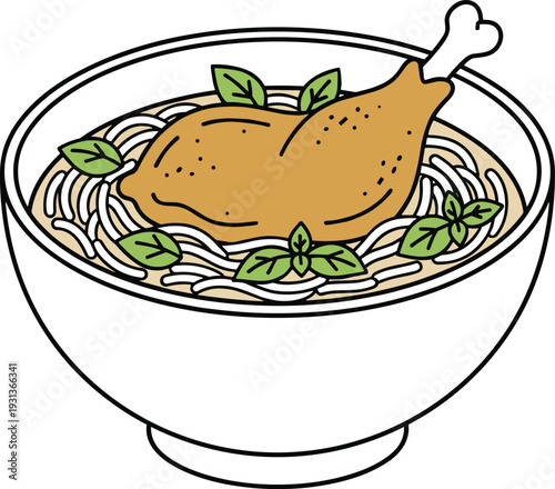 Delicious bowl of noodle soup with chicken drumstick and fresh basil leaves, comforting Asian cuisine illustration symbolizing flavor, nourishment, tradition, and culinary culture