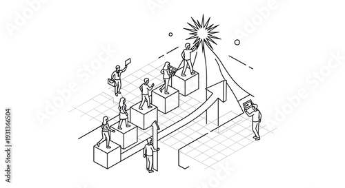 A team of six individuals ascends a staircase of six cubic blocks guided by an upward arrow towards a shining star atop a mountain peak in a minimalist line art illustration, Generative AI.
