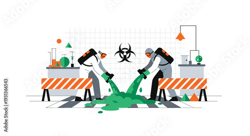 Two figures in white hazmat suits are pouring vibrant green liquid onto a tiled floor creating a puddle near a biohazard symbol, Generative AI.