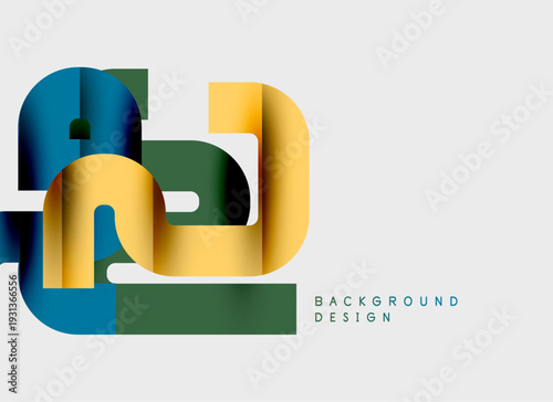 Abstract design features overlapping layers, gold, teal hues. Minimalist composition creates modern visual impact. Clean background enhances shapes.