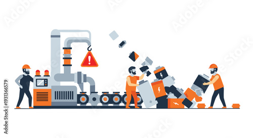 Three male workers in orange hard hats interact with a grey industrial machine and a conveyor belt processing a large pile of batteries, Generative AI.