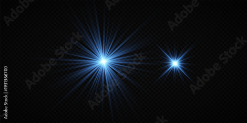 Colorful Star Light Effect Collection with Blue, Golden, and Yellow Glowing Starlight Sparkle Rays and Lens Flare Illumination on Transparent Background