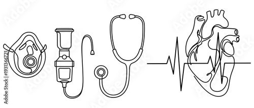 Medical Equipment and Heartbeat Line Art Icons Set A Collection of Health and Cardiology Symbols