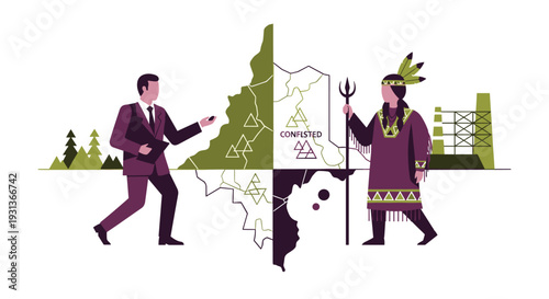 A businessman and an Indigenous person stand on opposite sides of a divided map with natural and industrial landscapes in the background, Generative AI.
