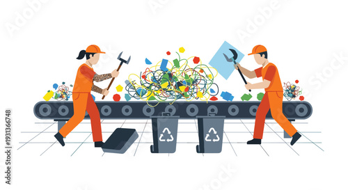 Two workers in orange jumpsuits are actively sorting a large tangled pile of colorful plastic waste on a conveyor belt into recycling bins, Generative AI.